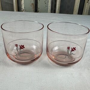 2 Elegant Pink Glass MCM Tumblers with Floral Design